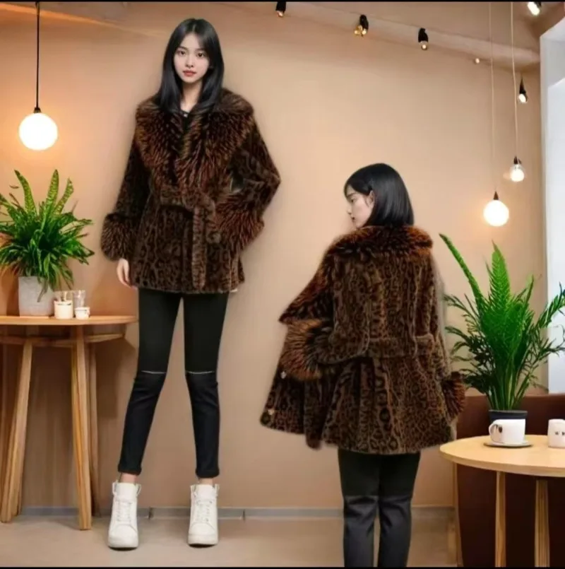 2026 Autumn Winter Women's New Medium and Long Fur Leopard Print Thickened Coat Fur Collar Temperament Integrated Fashion Coat
