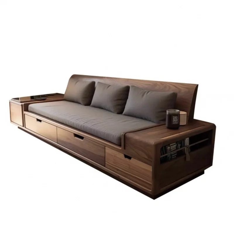 New Chinese-solid wood sofa living room 2025 new North American black walnut straight row with drawers winter and summer sofa