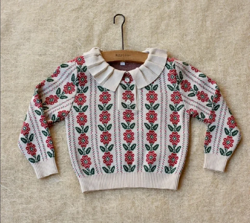 Korean Child Girls Knitwear Sweaters For 2023 New Autumn Kids Knitted Flower Pullover Sweaters Children's Christmas Clothings