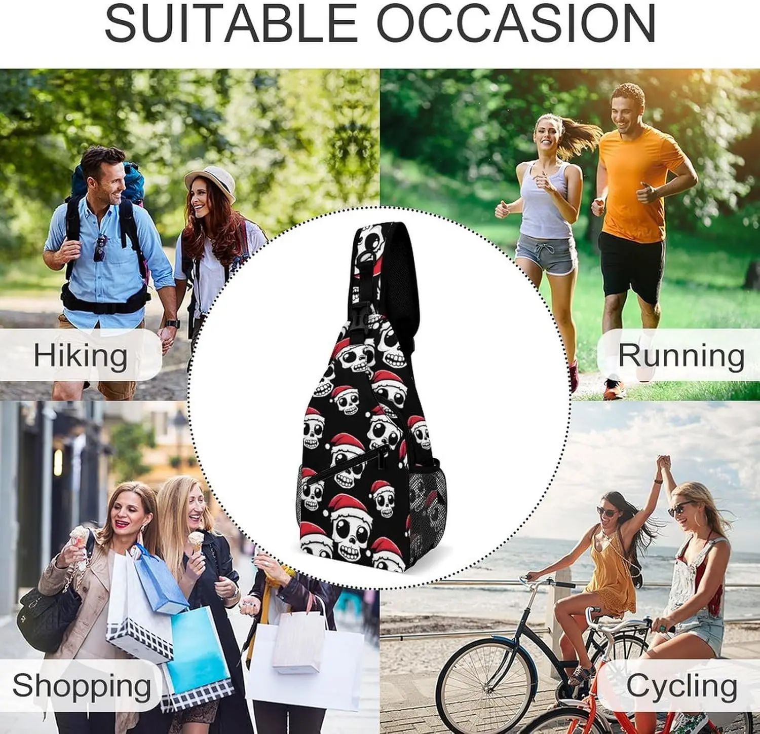 الجمجمة عيد الميلاد عارضة حقيبة كتف Crossbody حقيبة رافعة المشي لمسافات طويلة Daypack حقيبة صدر للرجال السفر المحمولة قابلة لإعادة الاستخدام متعددة الأغراض