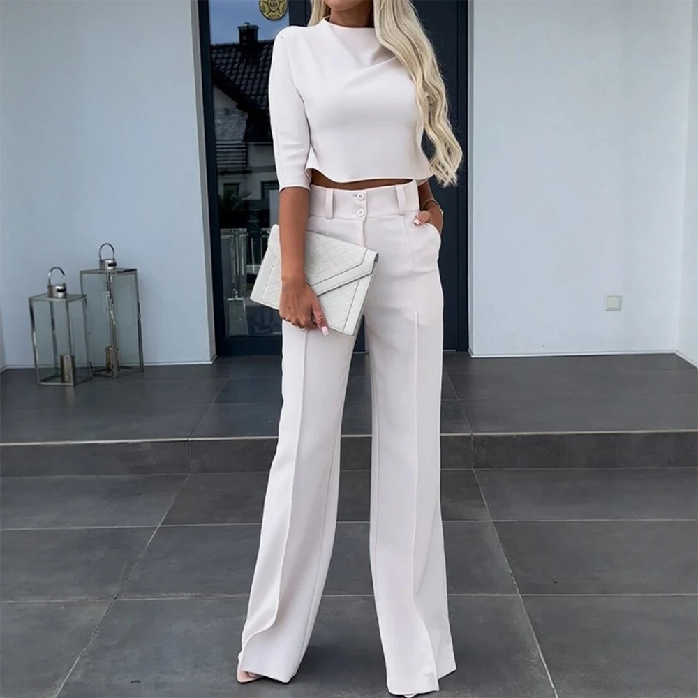 

Mia Muse Sets Summer Stylish Relaxed Elegant 2025 Plain Crew Neck Half Sleeve Top Maxi Pants Beach Sets For Women