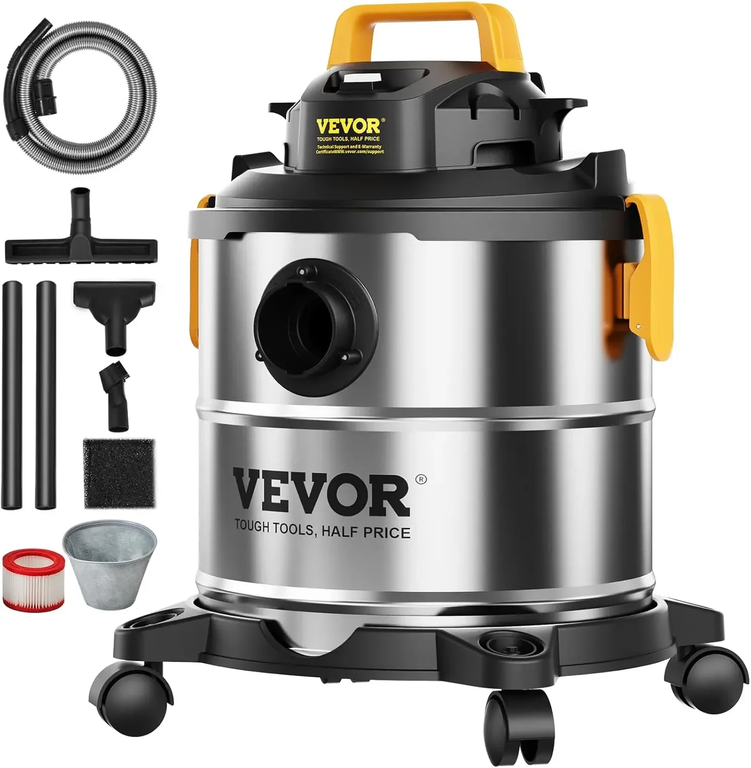 Stainless Steel Wet Dry Shop Vacuum, 5.5 Gallon 6 Peak HP Wet/Dry Vac, Blower Function w/Attachment 2-in-1 Crevice Nozzle