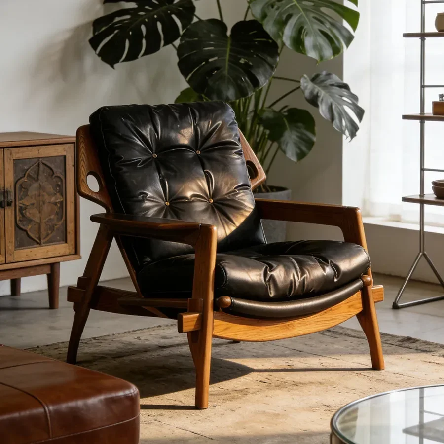 Vintage ash wood solid wood leather single chair, tiger chair