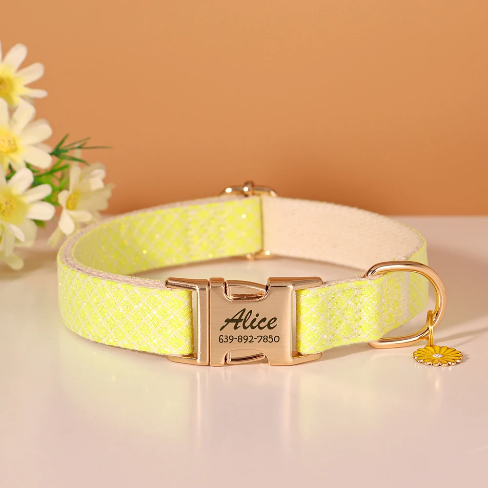 Benutzerdefiniertes Hundehalsband aus glitzerndem Nylon mit Blumenanhänger, kostenlose Gravur, Haustiername, Schnallenhalskette für kleine, mittelgroße und große Hunde – Detail 17