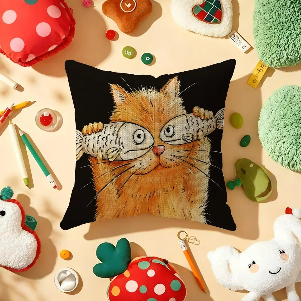 Cushion Cover Cat Holding Fish Linen Organic Fabric Double-Sided Printing Sofa Breathable Home Decor Gift Pillow Case