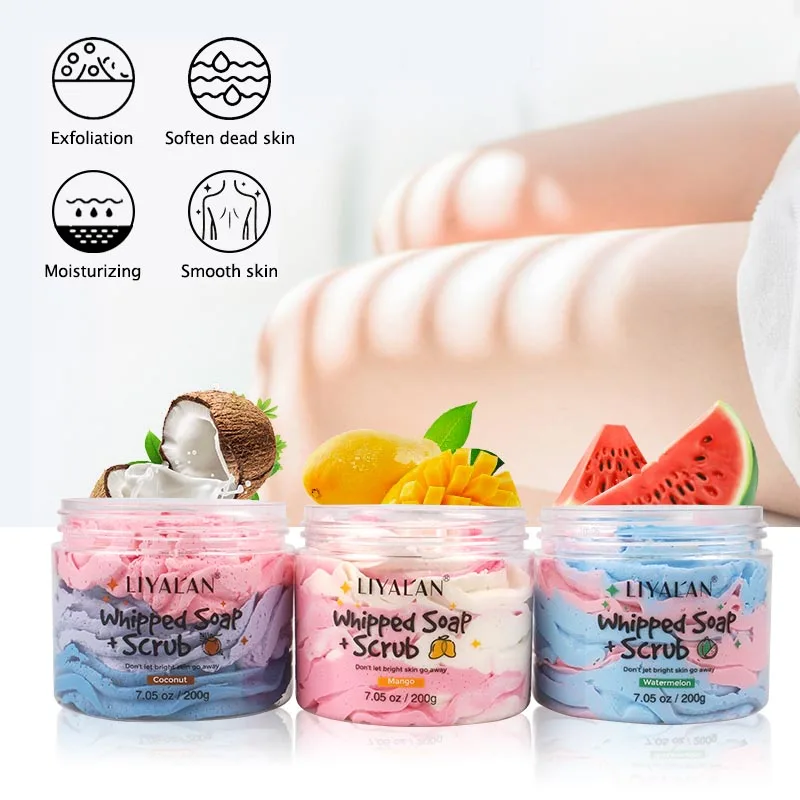 Private Label Whipped Bath Soap Clean Moisturizing Handmade Body Wash Cream Foaming Shea Butter Rainbow Scrub 200g