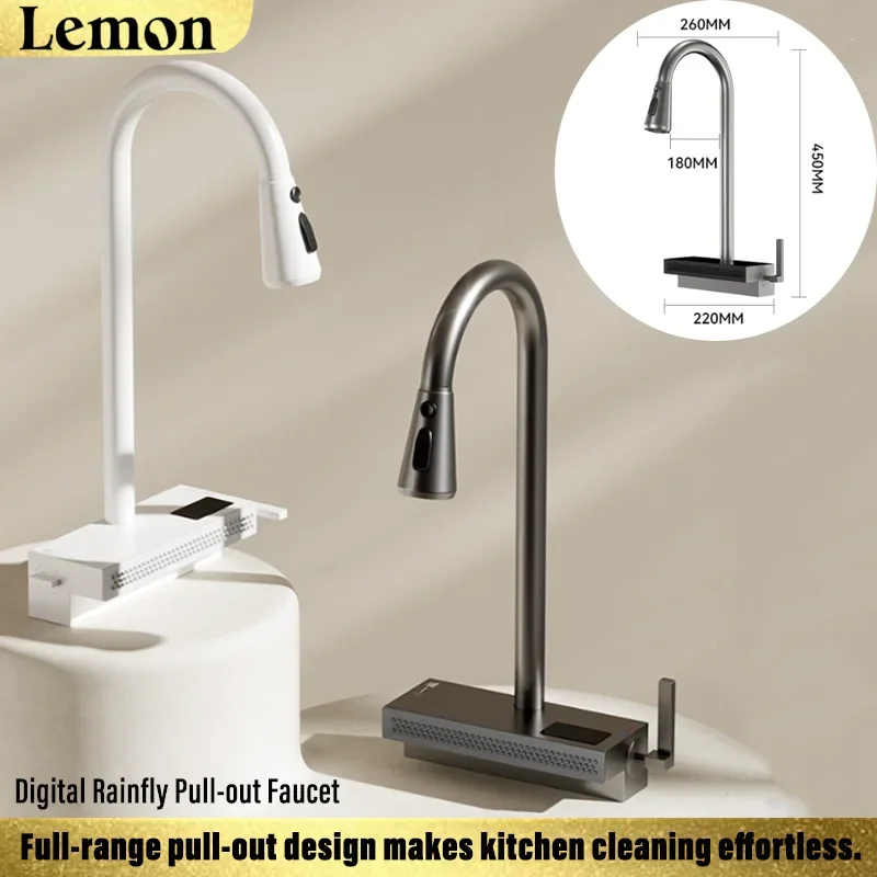 Gray Kitchen Faucet Household Basin Single Hole Pull-Out Faucet LED Digital Display Raindance Waterfall Hot and Cold Faucet