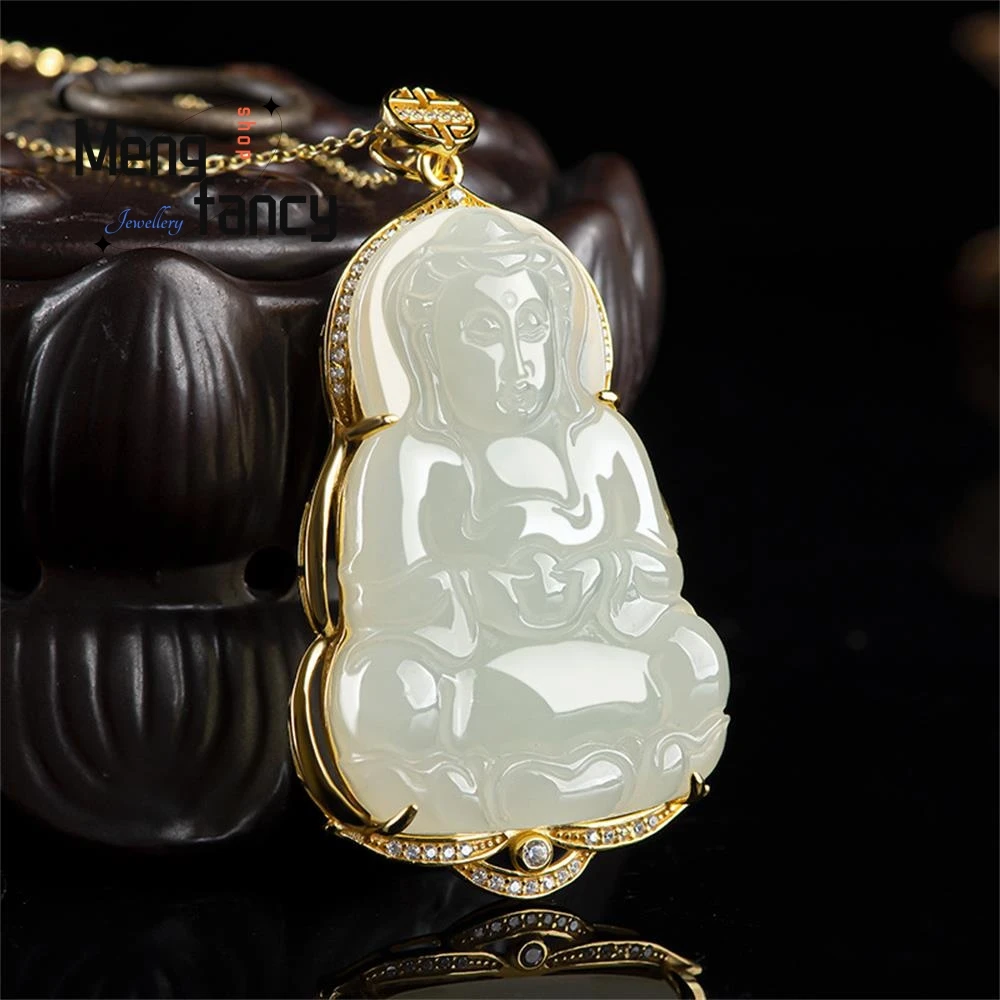 Colgante de Jade Guanyin de plata S925 con incrustaciones de Material antiguo Natural, joyería de moda de alta calidad de lujo exquisita