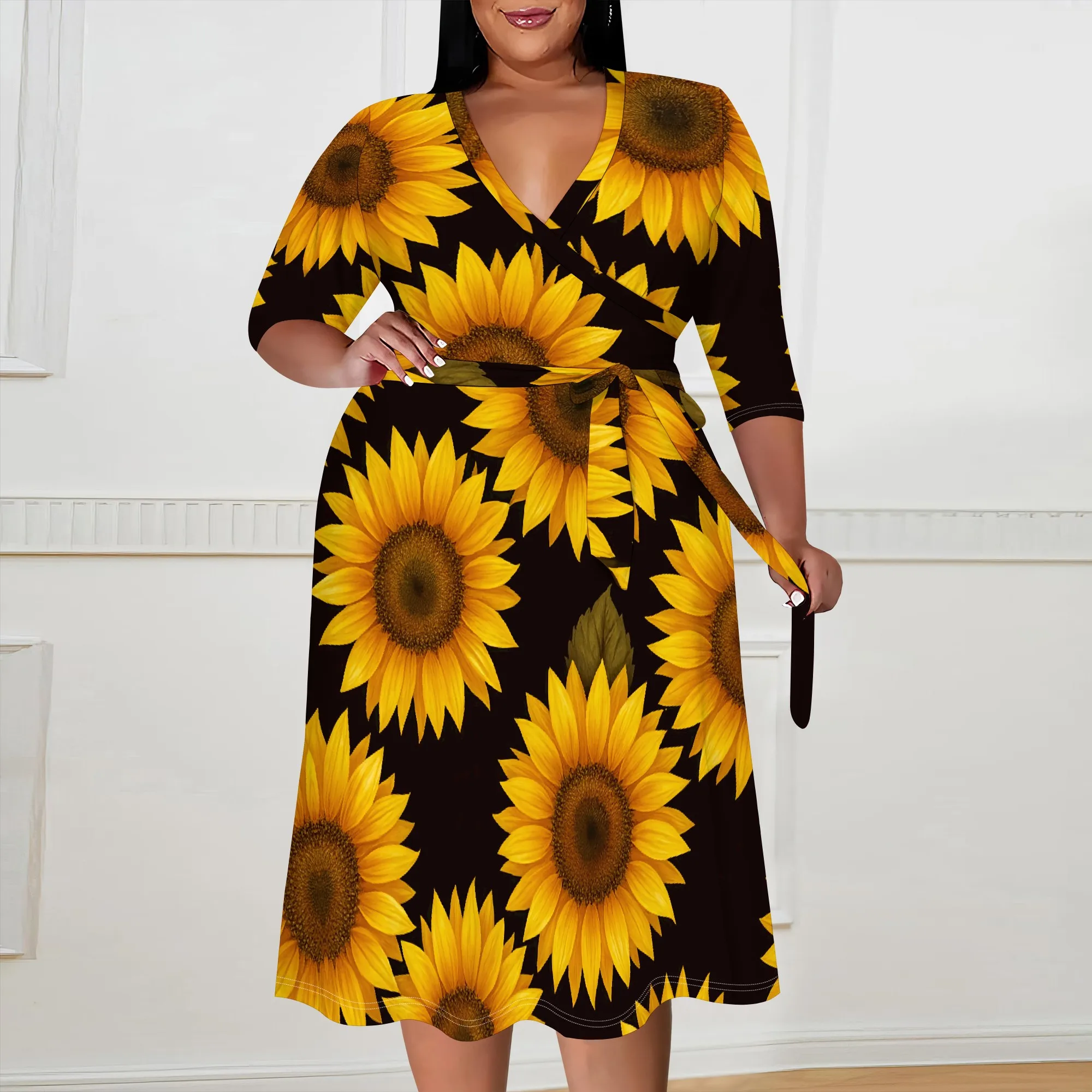 

Plus Size Summer Sunflower Dress for Women V Neck Midi Wrap Dress 3/4 Sleeve Casual Day Dresses XL-6XL