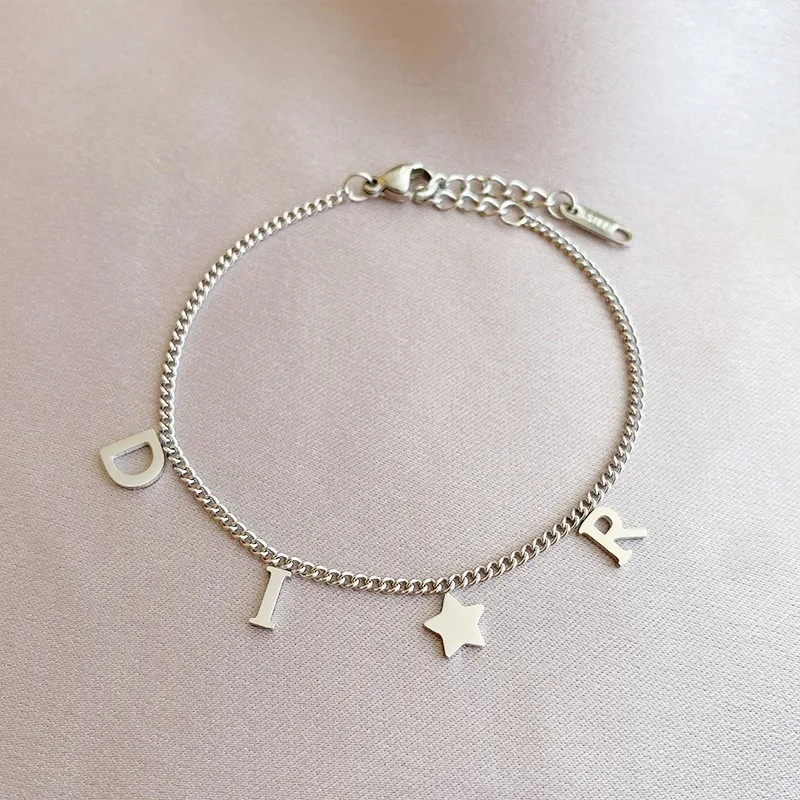 1Pc New Fashion Letter Star Pendant Bracelet for Woman, Simple Vintage Stainless Steel Bracelet Luxury Jewelry Accessories Gifts - view 6