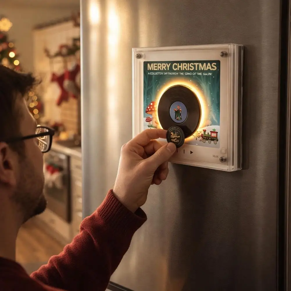 Christmas NFC Magnetic Vinyl Record Player Magnetic Attraction Night Light Acrylic Music Player with 9 Replaceable Discs Fridge