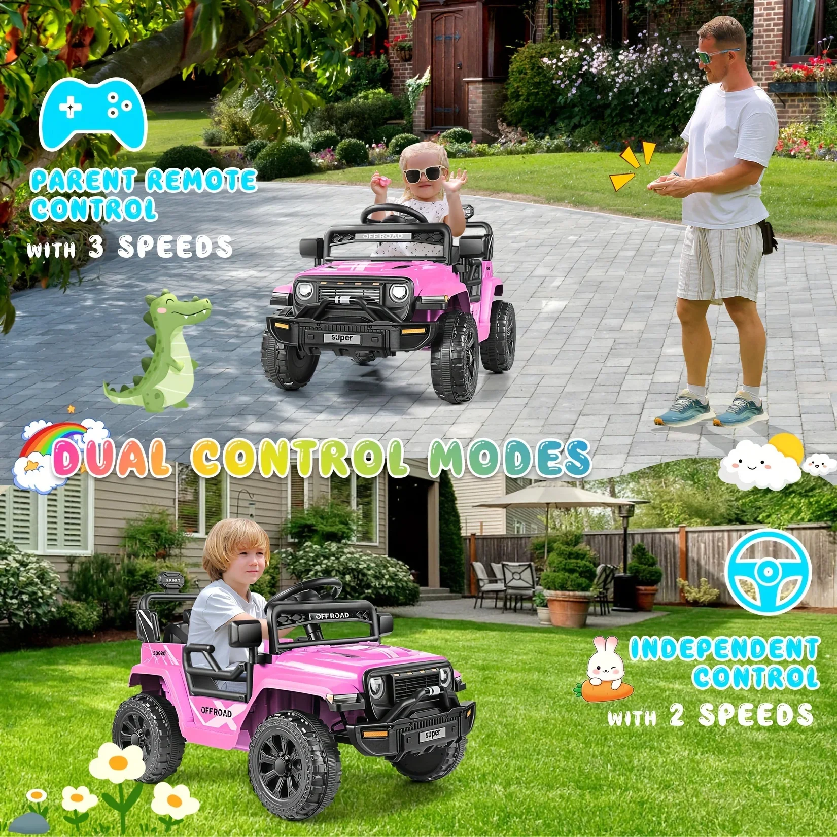 Coche de paseo con control remoto de 12 V para niños con reproductor de música, sistema de absorción de impactos, SUV eléctrico para niños y niñas pequeños