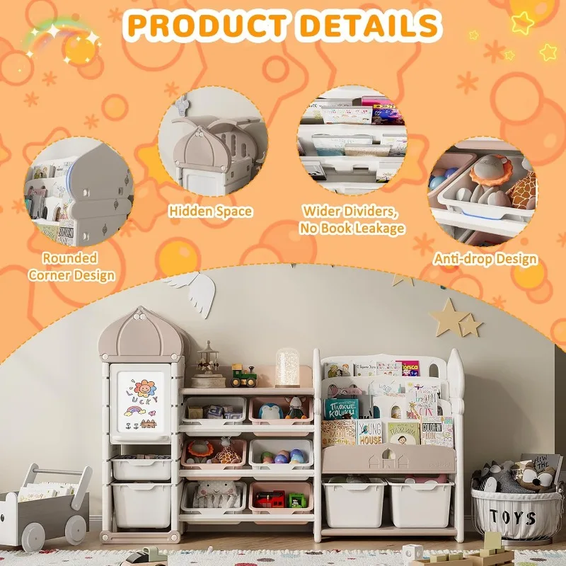 Organizer Penyimpanan Mainan Anak dengan 10 Tempat Sampah yang Dapat Dilepas dan Ruang Bermain Organizer Rak Buku 4 Tingkat, Kamar Bayi