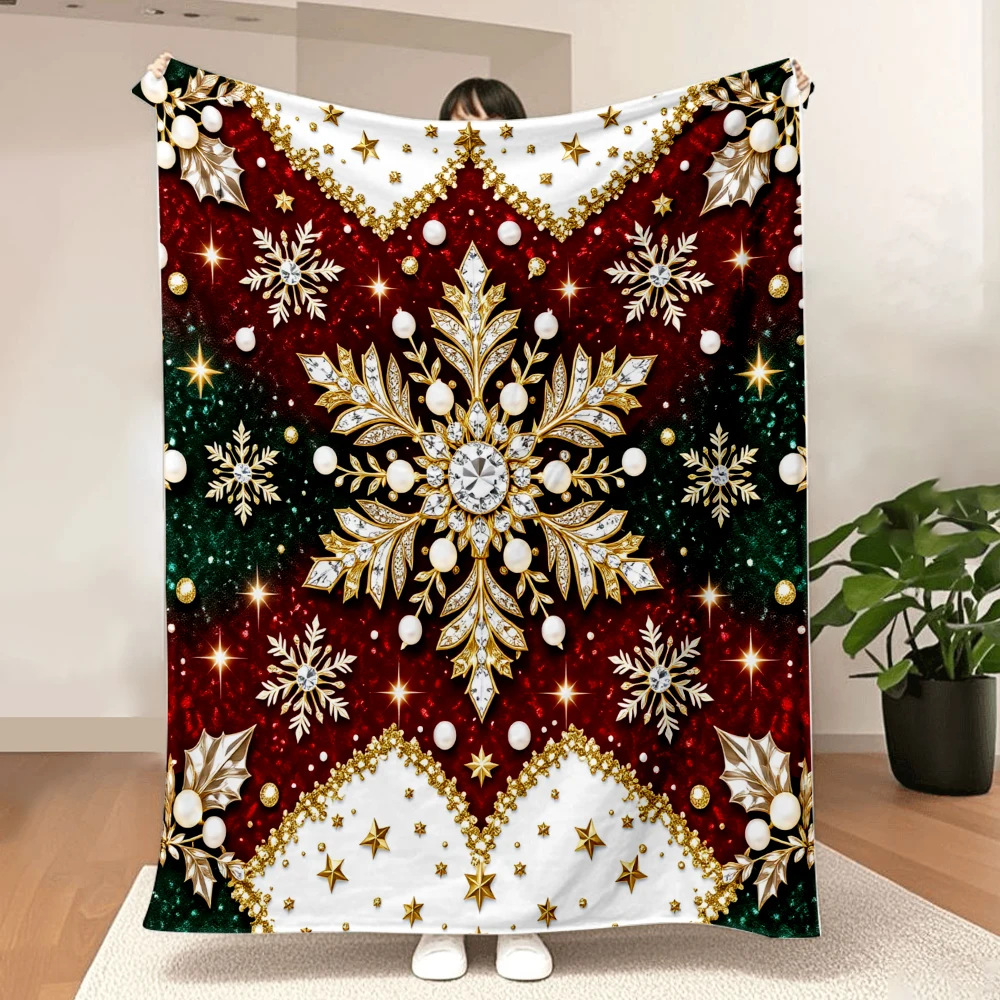1PC luxurious gold snowflake and pearl print blanket-made of soft, fluffy flannel, perfect for a sofa, bed or lounge chair. An e
