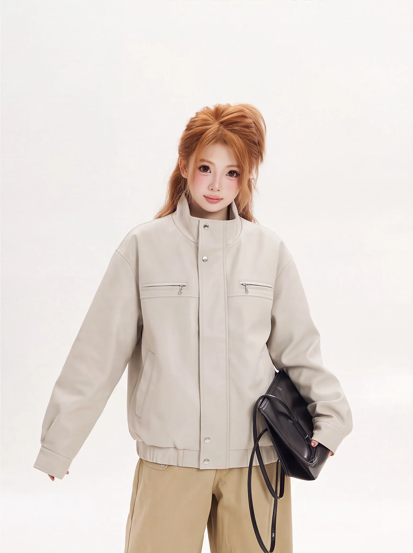 Slimming Ant American Retro Stand Collar PU Leather Jacket Women Loose Style Student Versatile Autumn Outerwear Coat