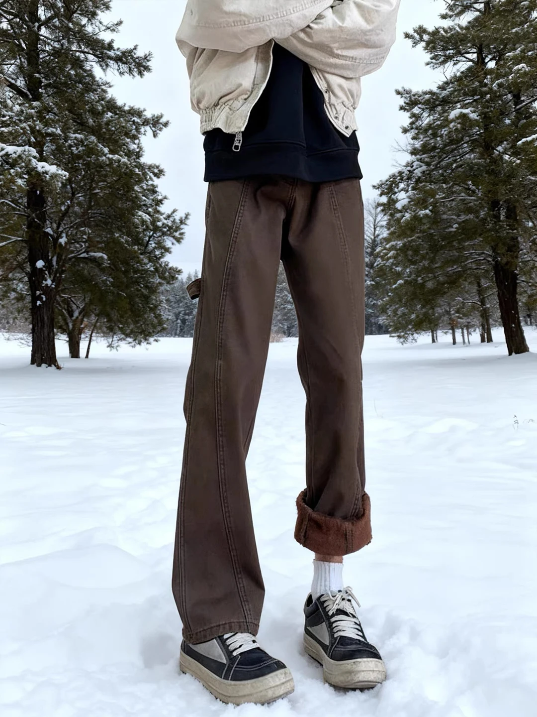 

Мужские джинсы-клеш в американском ретро-стиле на флисовой подкладке, прямые брюки из выстиранной ткани в рабочем стиле, модные прямые брюки