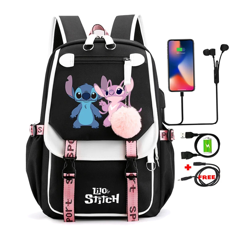 Disney Cartoon Anime Mochila para meninas, Lilo e Stitch, Bolsa escolar para adolescente, mochila de lona para laptop, mochila feminina