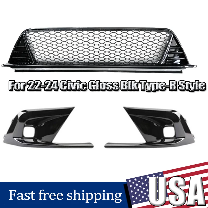 

Bumper Lower Grille For Honda Civic 2022 2023 2024 Front Bumper Lower Grille + Fog Lamp Bezel Cover Trim Auto Accessories