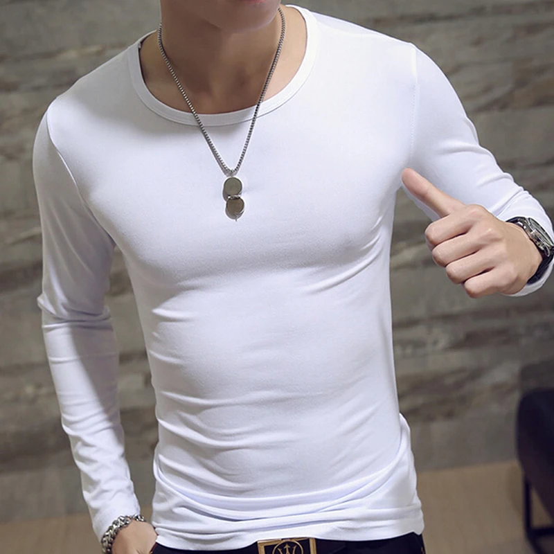 2023 Elastic Mens T-Shirt O-Neck Round Neck Long Sleeve Men T-Shirt For Male Lycra T-Shirts Man Clothing