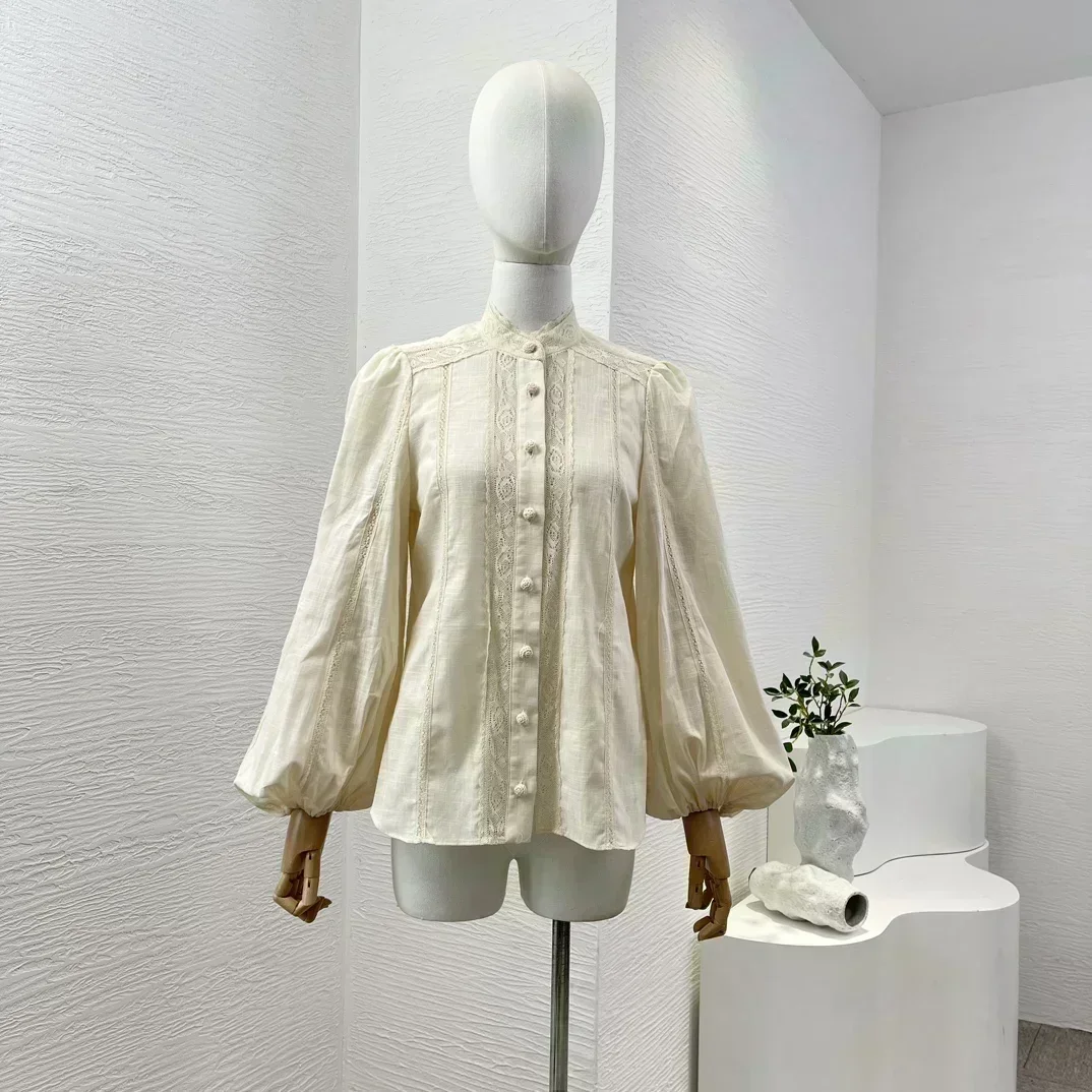 

New Collection Spring Summer Beige Lace Patchwork Long Sleeve Women Casual Blouse Tops High Quality