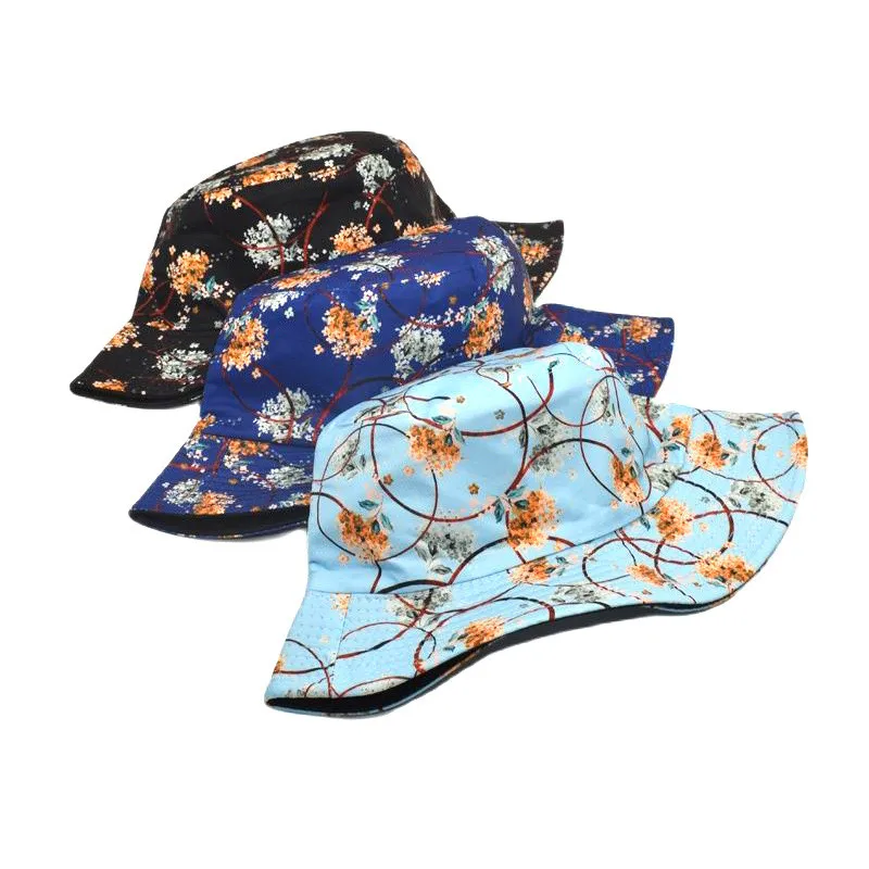 2024 Four Seasons Polyester Flower print Bucket Hat Fisherman Hat Outdoor Travel Sun Cap for  Women 12