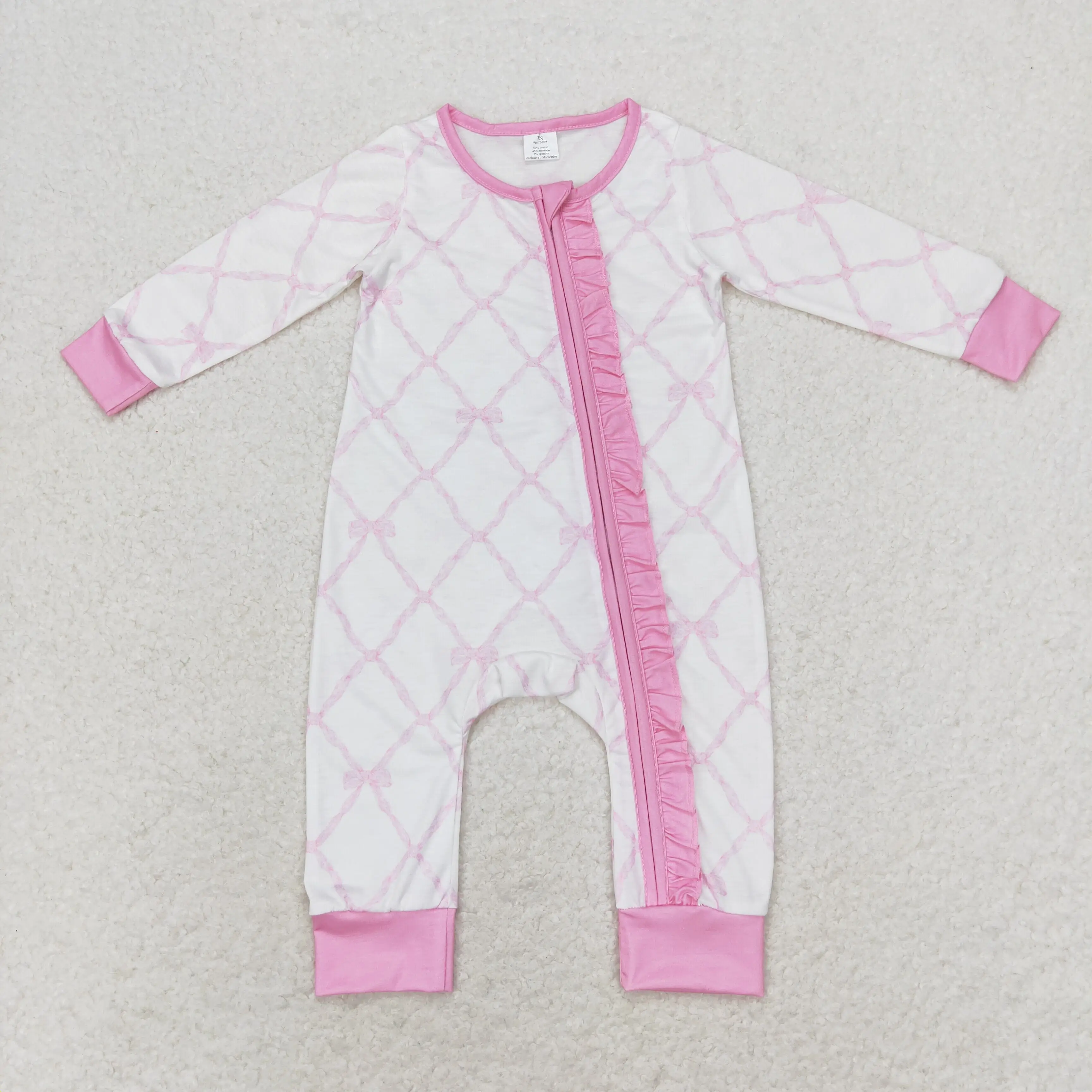 LR0921 baby rompers girls rompers bamboo bow pattern pink lace zipper long sleeve jumpsuit Wholesale Summer clothes for girls