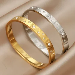 Classic Stainless Steel Metal Crystal Flower Bangles for Women Fashion Brand Jewelry Sun Bracelet Gift Accessories