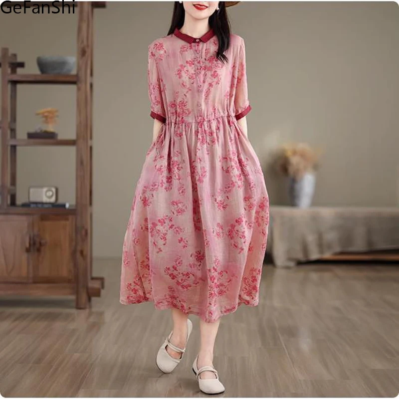 2025 Primavera Verano estampado cuello vuelto vestido acampanado de mujer vestidos camiseros casuales de manga corta ropa elegante de moda