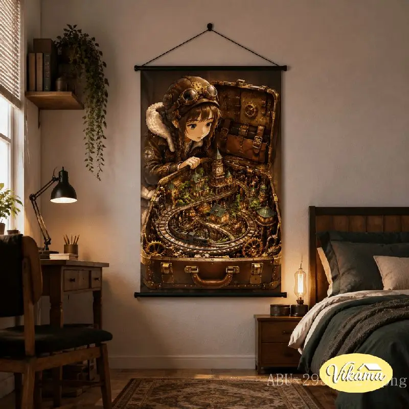 VIKAMA Steampunk Goggle Girl Tapestry Suitcase Miniature Steam City Vintage Anime Art Polyester Wall Hanging Bedroom Dorm Decor