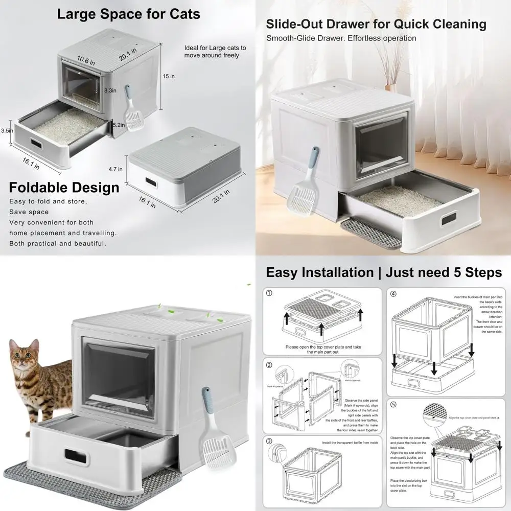 

Stainless Steel Indoor Cat Litter Box with Lid, Drawer, Anti-Leak Baffles, Scoop & Mat