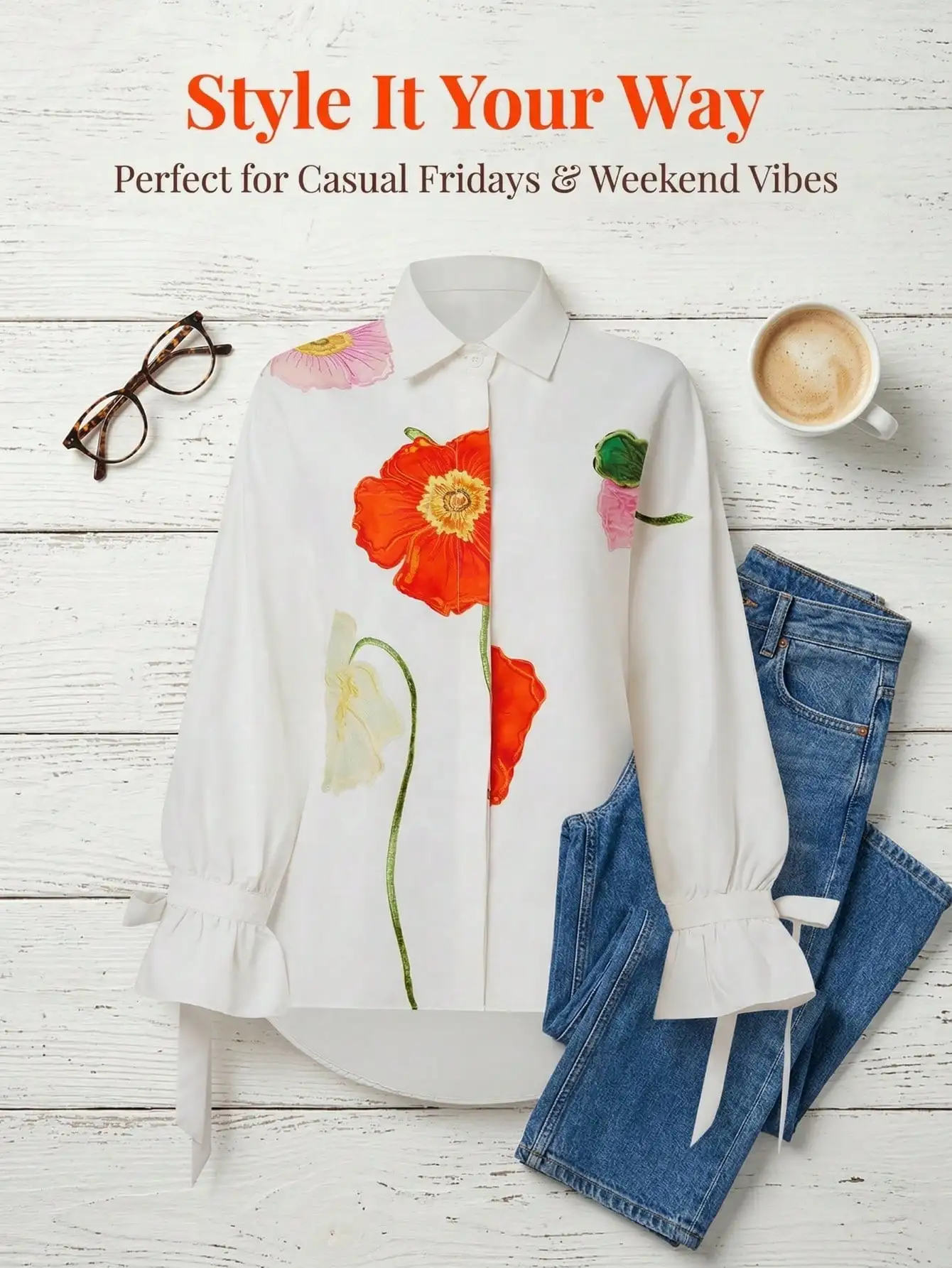 

Floral Print Blouse With Ruffle Cuffs For Women Casual Spring Summer Outfit