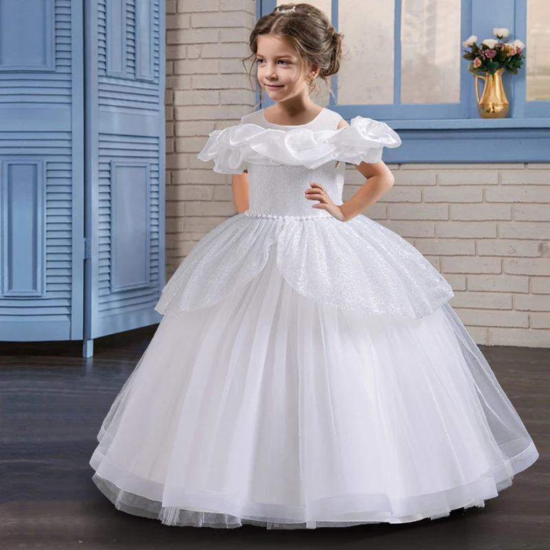 Girl\'s pearl sequin princess dress 4-10 years old fashionable one shoulder fluffy skirt Birthday wedding flower girl performance