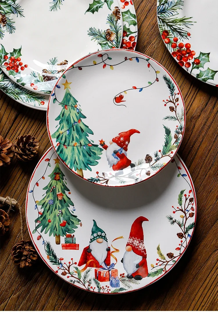 

1PC Christmas Dinner Plate Ceramic Underglaze Color Plate Round Household Dim Sum Plate Decorative Plate