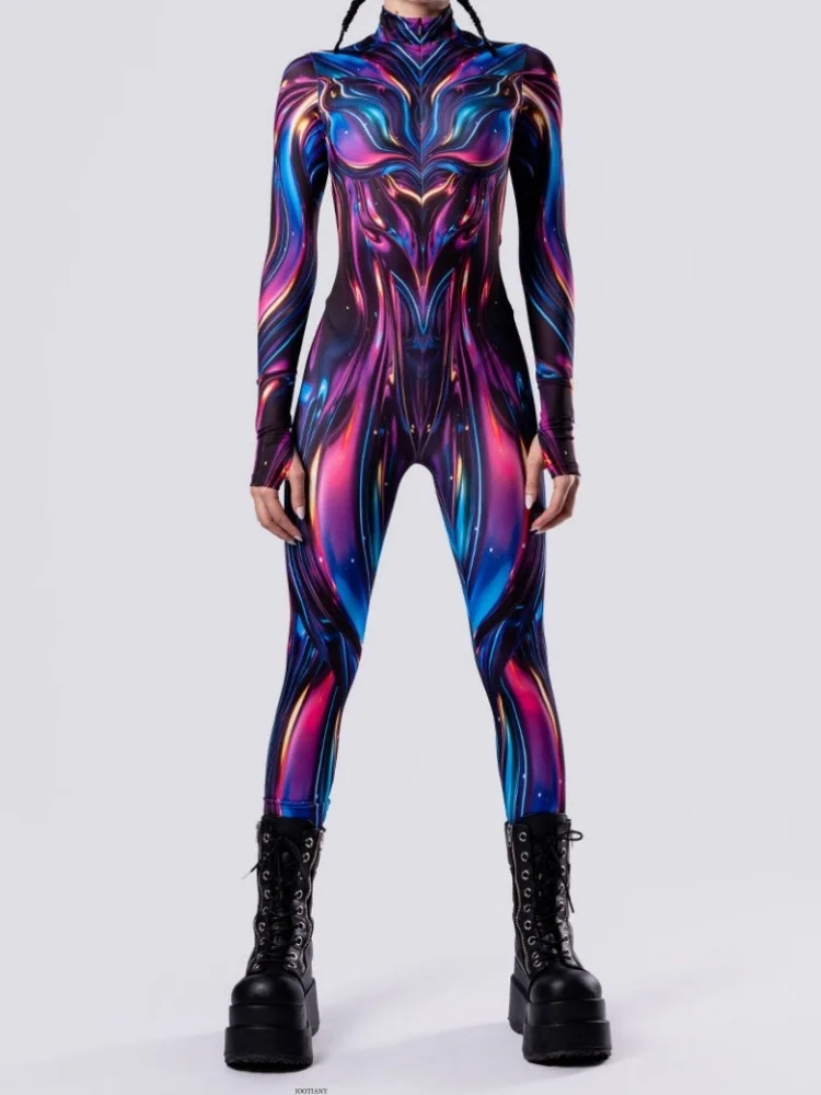 Women Psychedelic Liquid Print Bodysuit Abstract Swirl Pattern Skinny Jumpsuit Music Festival Rave Party Cosplay Stage Costumes