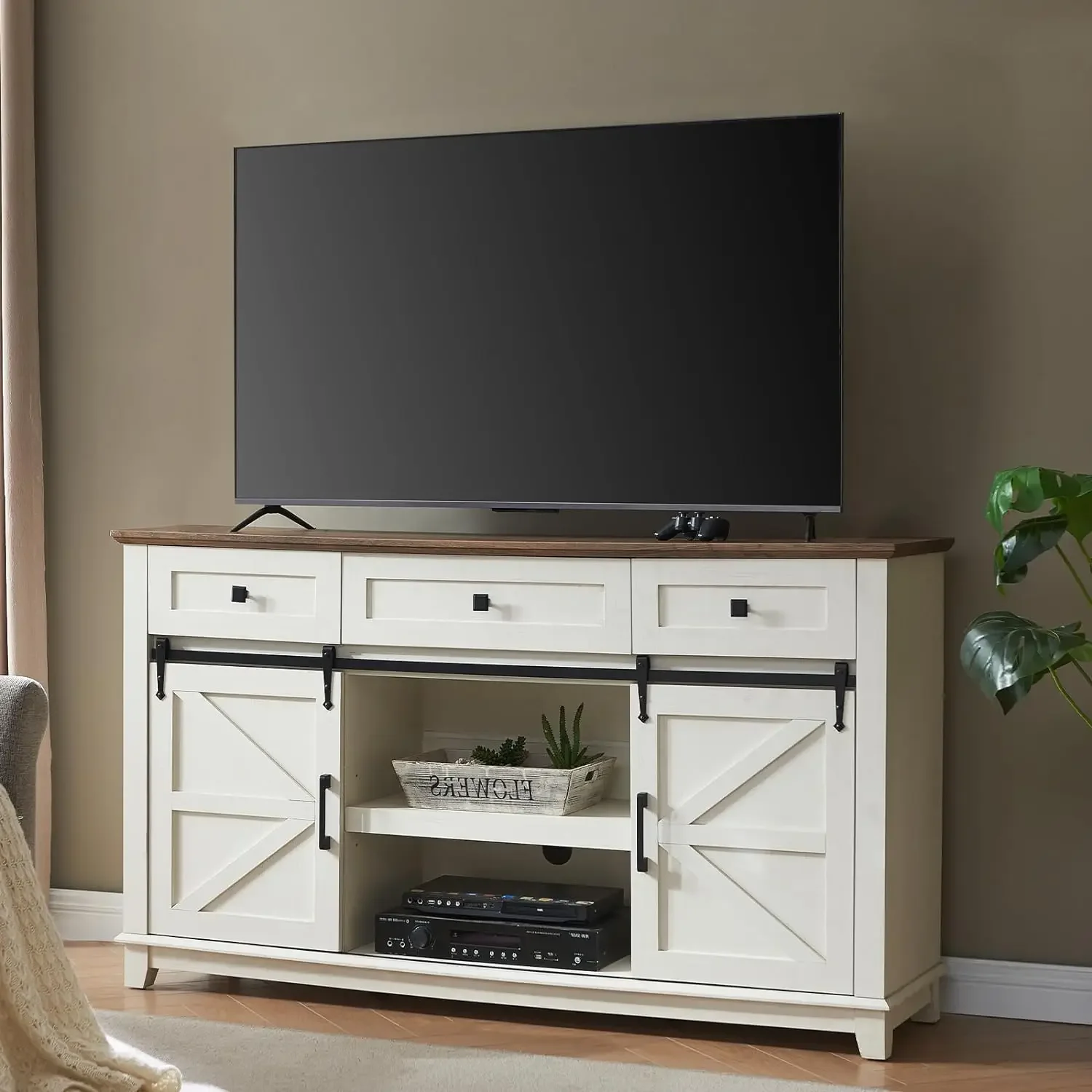 Farmhouse TV Stand para televisão, centro de entretenimento com portas deslizantes de celeiro, gavetas de armazenamento até 65"