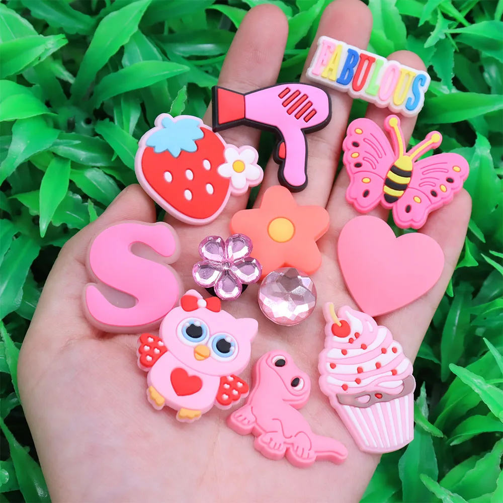 1Pcs PVC Hair Dryer Strawberry Cupcake Kids Shoe Charms Umbrella Crown Pink Series Buckle Clog Accessories Fit X-mas Gift