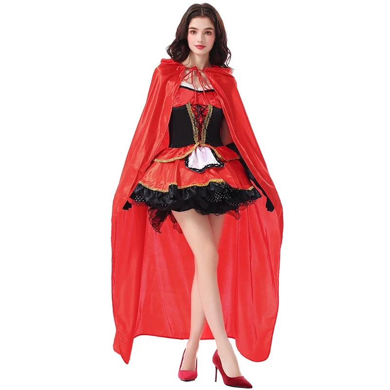 Adulto capa vermelha dr loween palco desempenho traje chapeuzinho vermelho princ saia longa roupas femininas étnicas