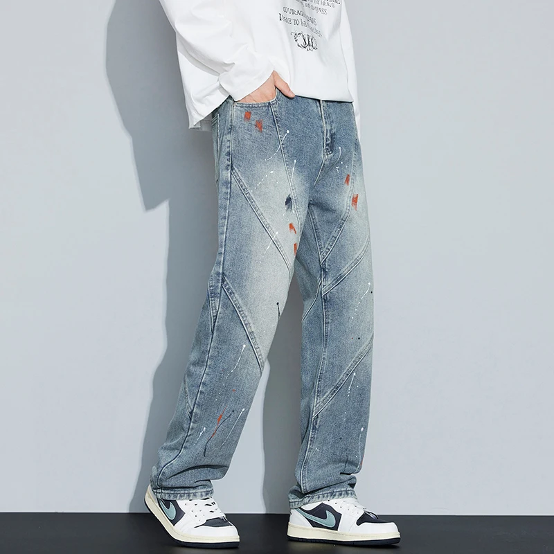 Waed Out American High Street Men's Loose Straight Leg Jeans Mid Waist Casual Wear Resistant All Season Long Trousers