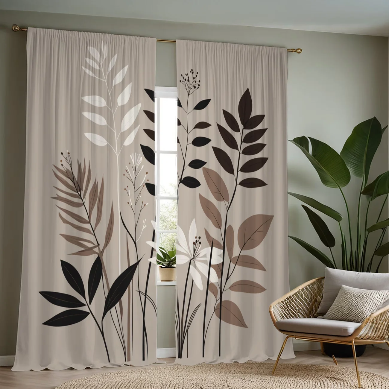 2PC Beige Earth-Tone Botanical Sheer Curtains - Minimalist Modern Leaf Print Window Drapes for Living Room Bedroom Decor