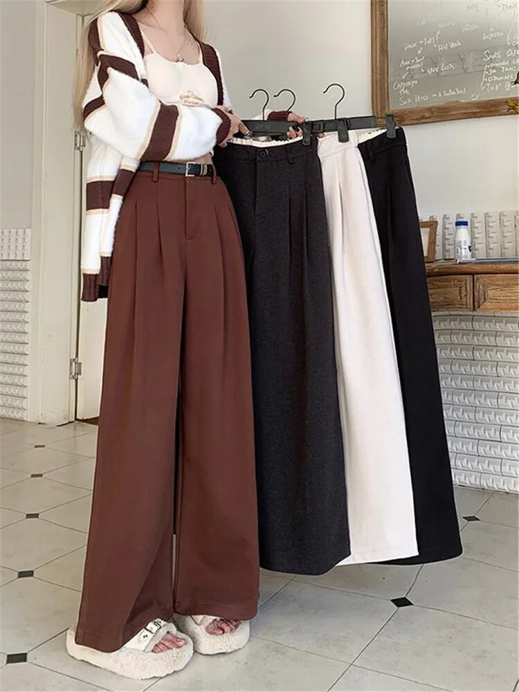 Graue Woll-Freizeithose mit weitem Bein, Damen-Winterhose mit hoher Taille, hängendes Gefühl, schlankmachende Hose mit geradem Bein