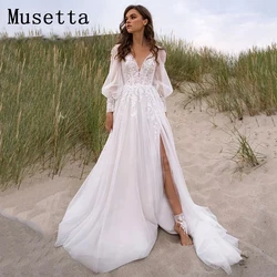 Musetta Beach V-Neck Simple Wedding Dresses 2023 Puff Sleeves High Slit Backless Bridal Gown Lace Applique Tulle Robe De Mariée