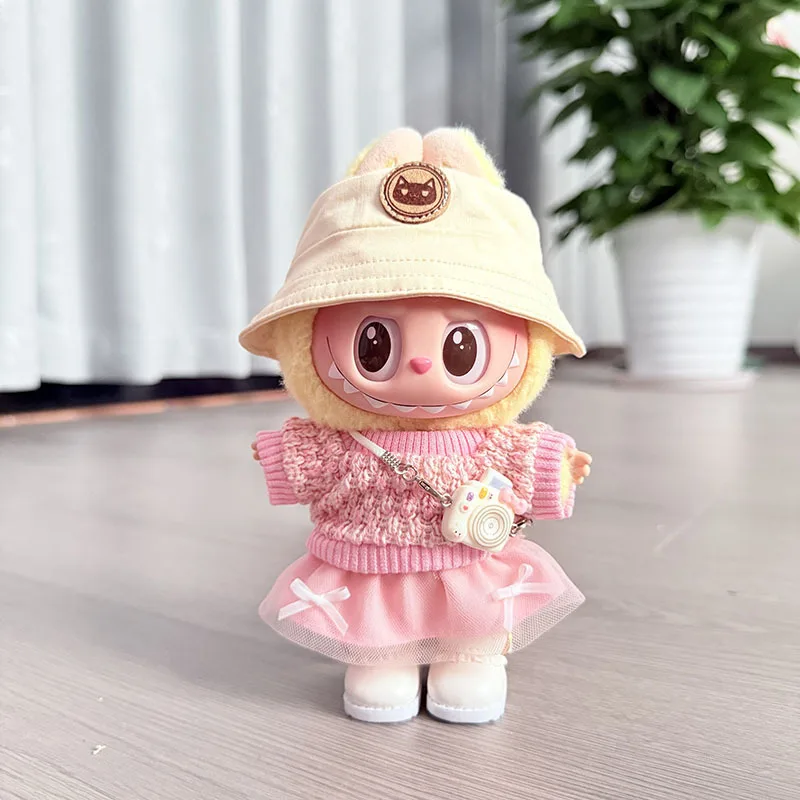 

Clothes For LABUBU 15/17cm 1st 2nd 3rd Gen Spring Outing Set Heart Pattern Sweater And Love Fisherman Hat Set