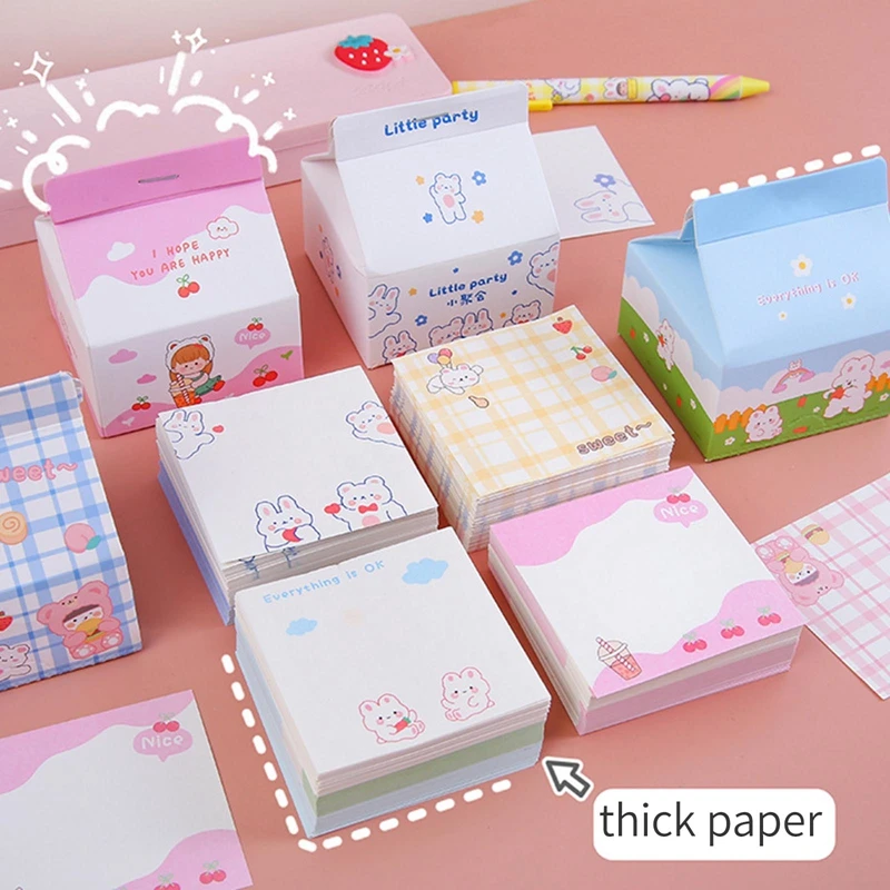 Cartoon Bunny Memo Pad, Sticky Notes, Milk Box, Message Label, Caderno, Material de Escritório Escolar, Papelaria, Bonito, 200 Folhas