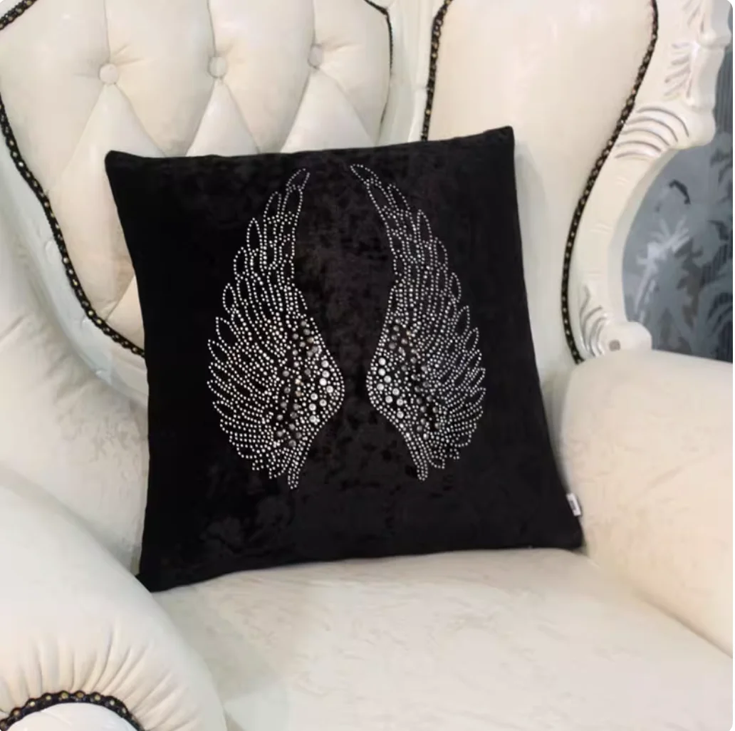 Luxury wings European high-end flat velvet hot pressed diamond colored sofa pillow American beige home cushion