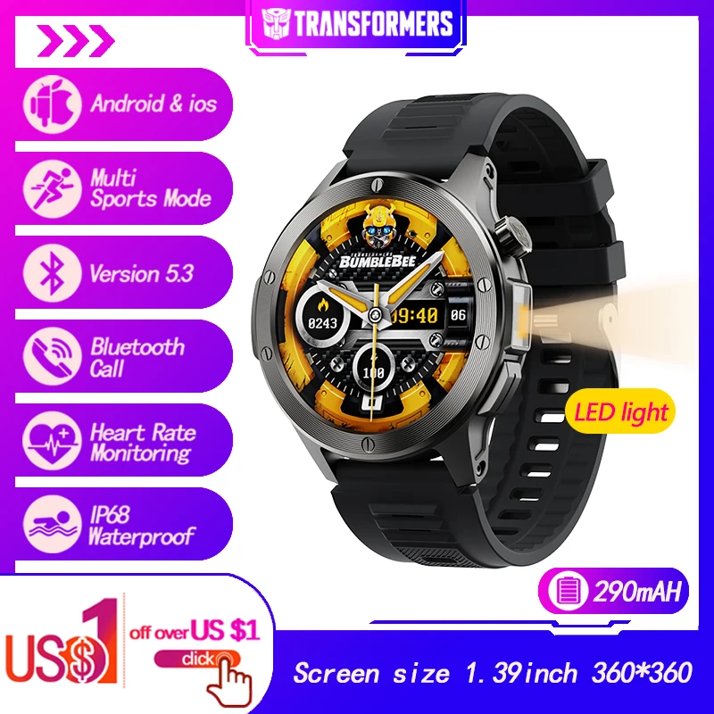 

TRANSFORMERS TF-H09 Men Smartwatch LED Light IP68 Waterproof 290mAH Health Monitoring Activity Tracking Bluetooth Smart Watch