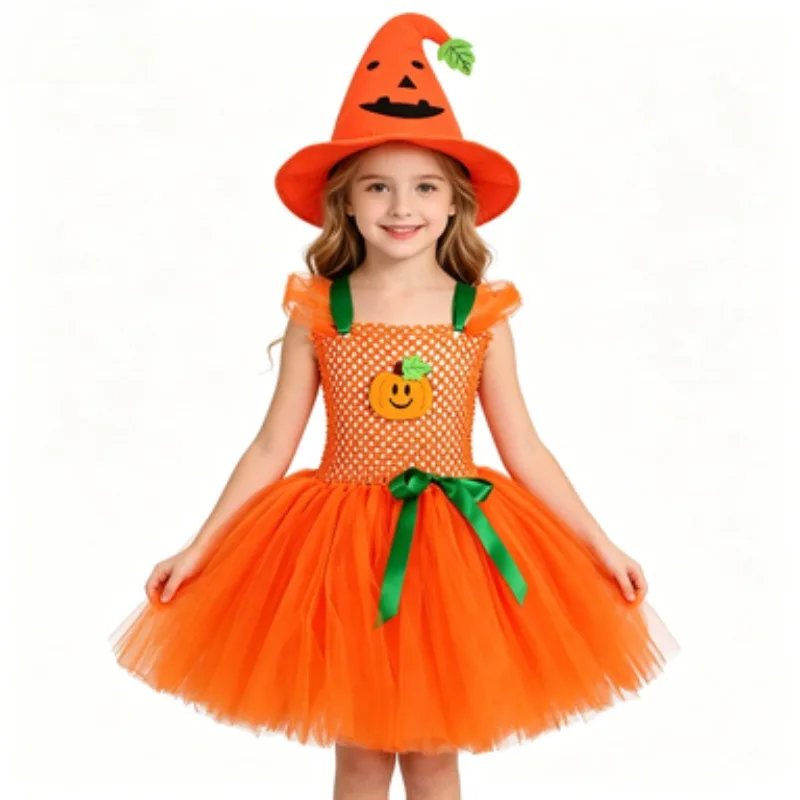 

Tulle Dress Outfit Set for Toddler Festivals,Orange Pumpkin Tulle Tutu Skirt Set,Exquisite Dress for Kids Halloween Party Events