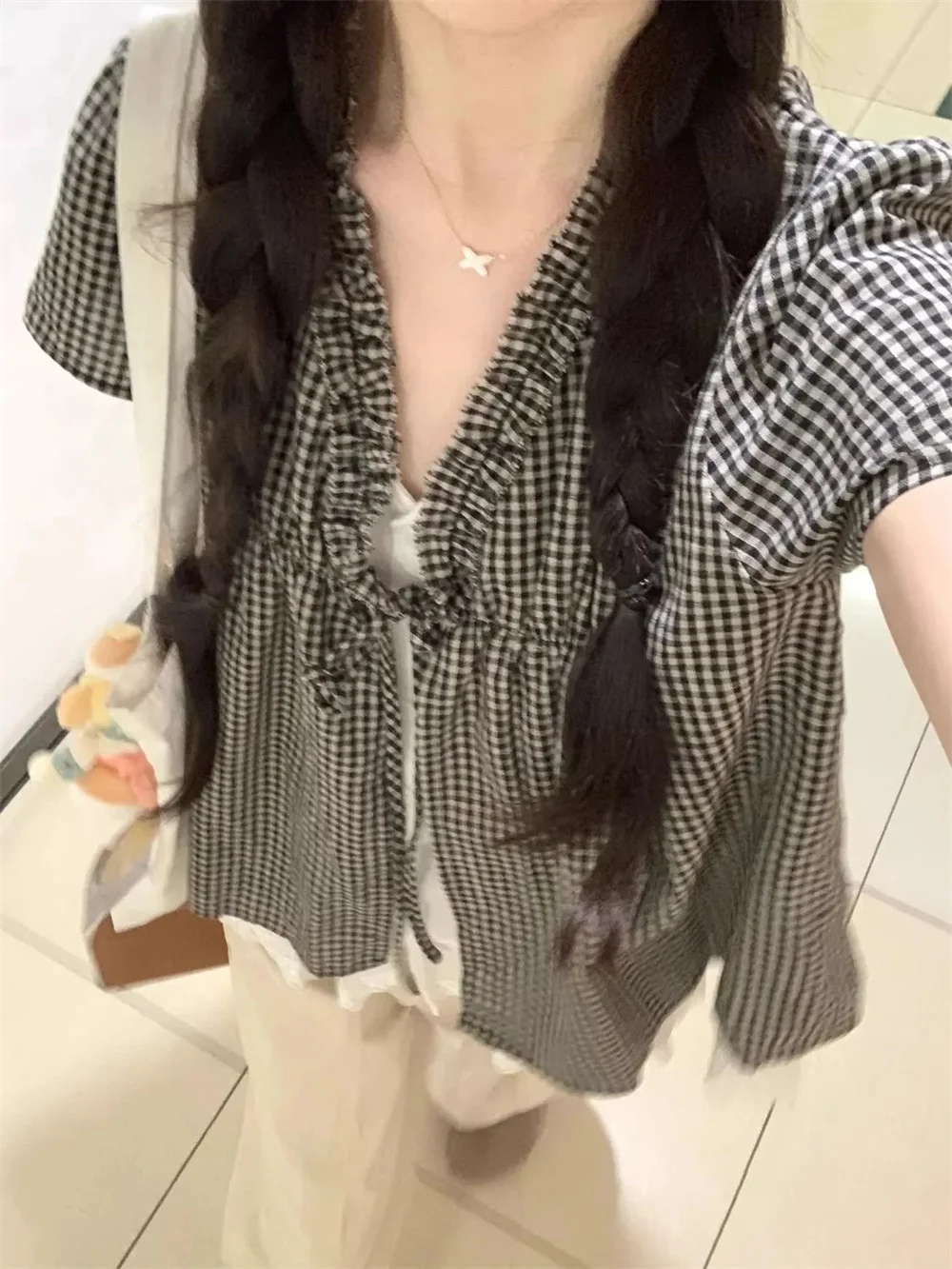 Plaid Loose Faux Two-Piece Shirt With Lace Short Sleeves Summer Korean Thin Tee Women Ruffle V-Neck Lace-Up Blouse Students