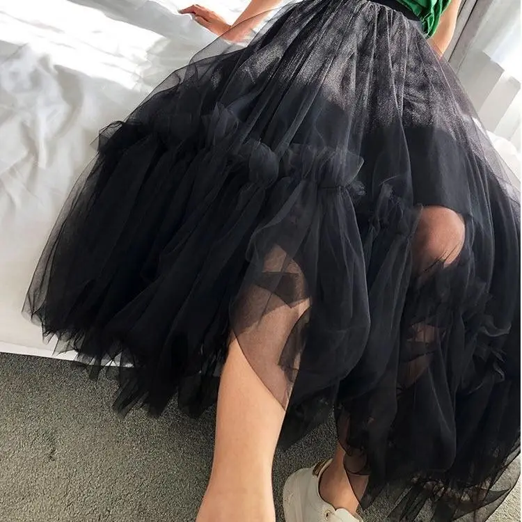 Jupe en tulle taille haute élastique pour femme, jupes en maille, tutu plissé, mode vintage, doux, long, femme, automne, hiver