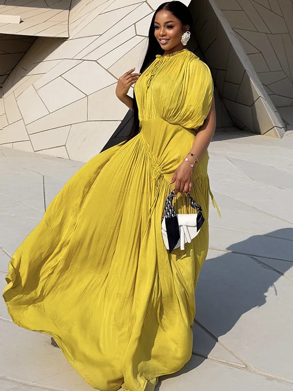 

Fashionable Loose Pleated Waist Cinched Maxi Dress Women Casual Dress High Waist Polyester Fiber Regular Sleeve H Version