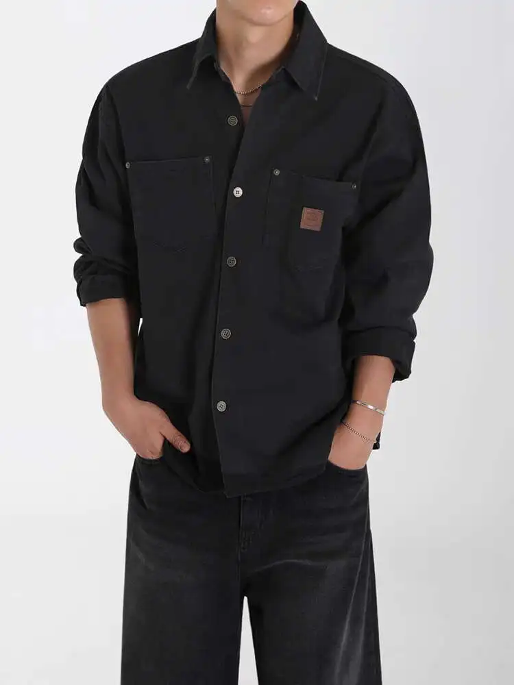 

SYUHGFA Men's Shirts Solid Color New Korean Style Tide Long Sleeved Casual Loose Turn-down Collar Male Shirt Coat Autumn 2025